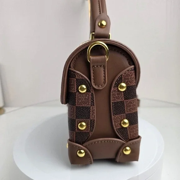 Checkered Top Handle Satchel Handbag Small Crossbody Brown Tan Vegan Leather Pur - Picture 7 of 11